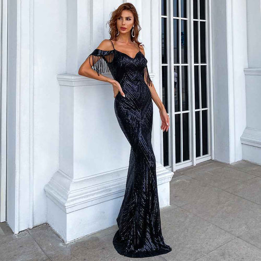 Farah Off Shoulder Fringe Tassel Gown