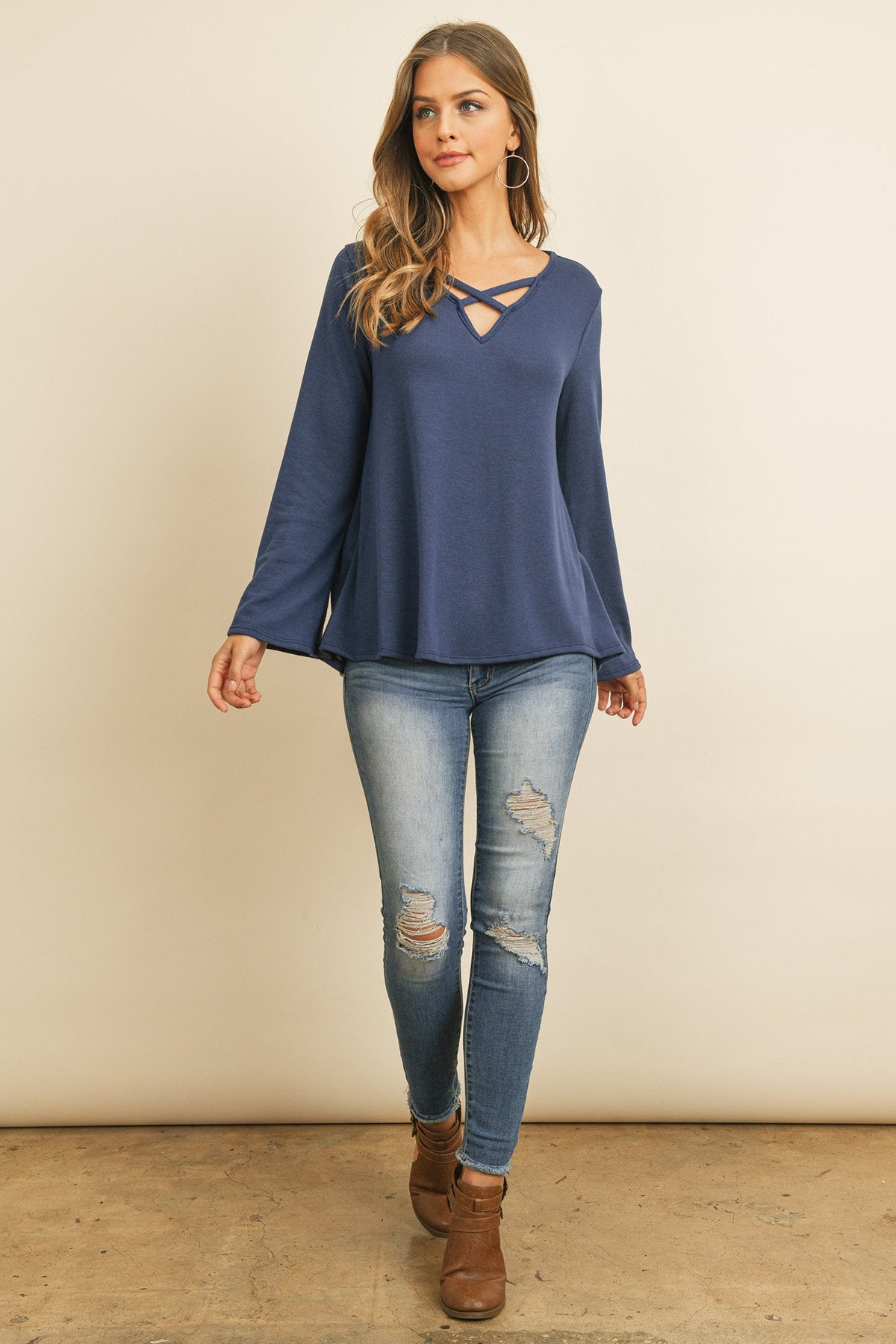 Criss-Cross Neck Long Sleeve Hacci Top – Chic & Versatile
