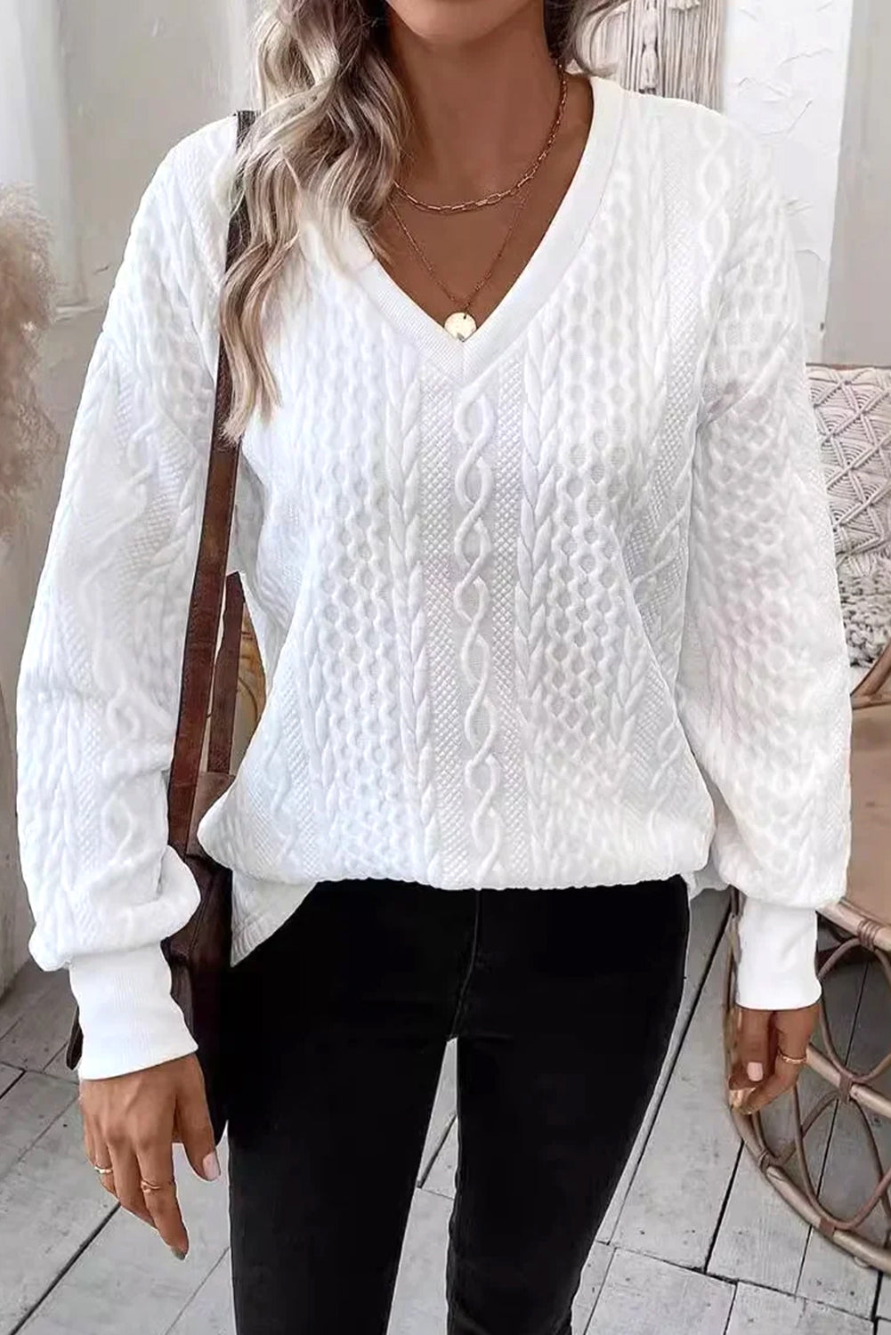 White Plain V-Neck Oversized Long Sleeve Textured Top