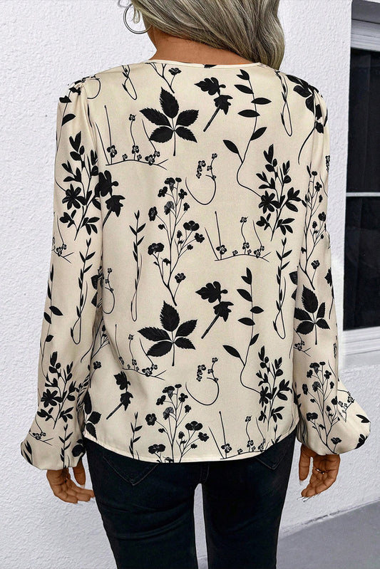 Khaki Botanical Floral Print Split Neck Long Sleeve Blouse