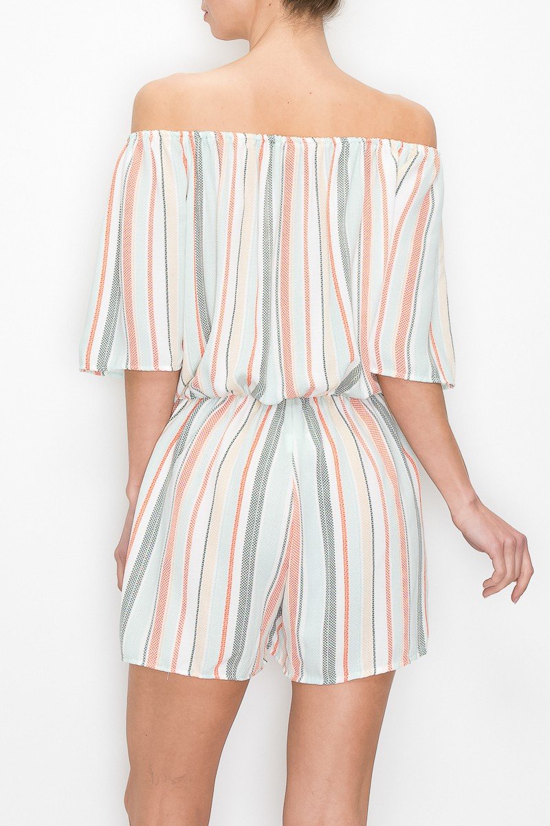 Olive Off-Shoulder Striped Romper