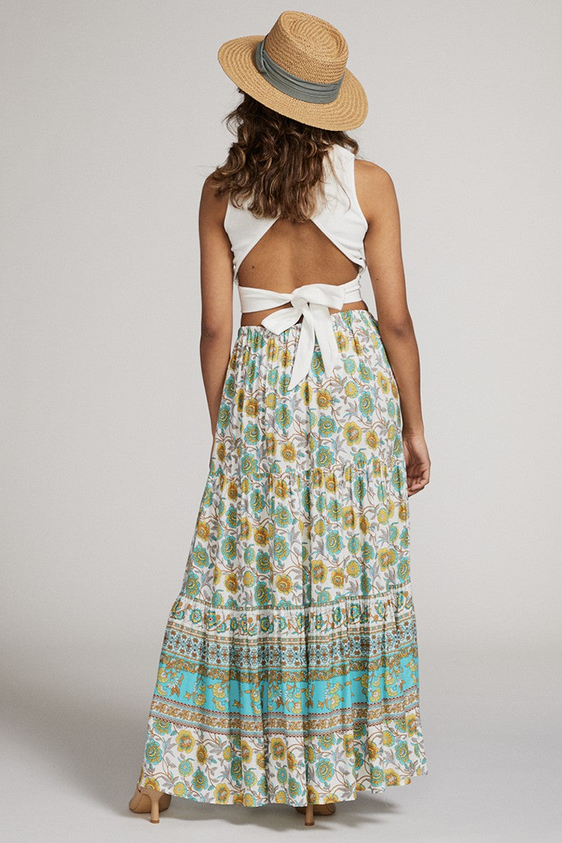 Boho Bloom Tassel-Tie Printed Maxi Skirt