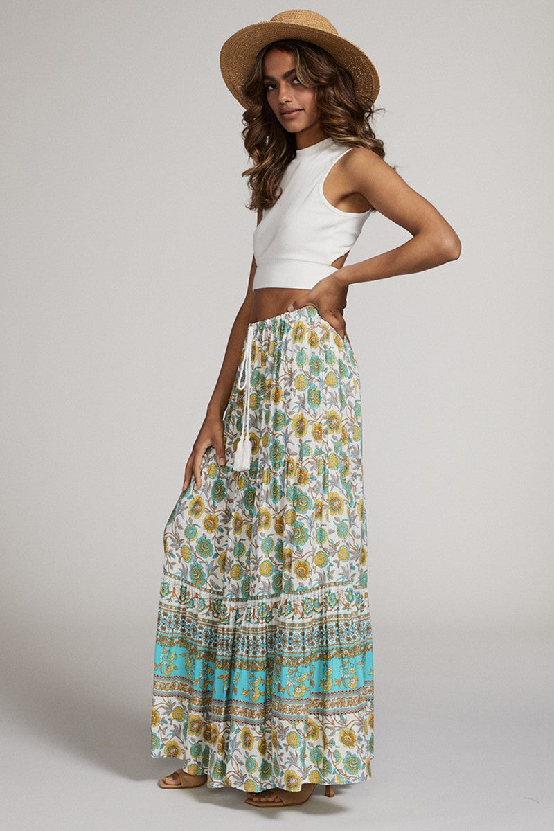 Boho Bloom Tassel-Tie Printed Maxi Skirt