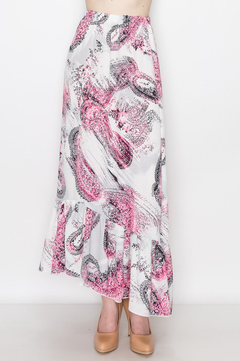 Saffron Bloom: Pink Paisley Flared Maxi Skirt