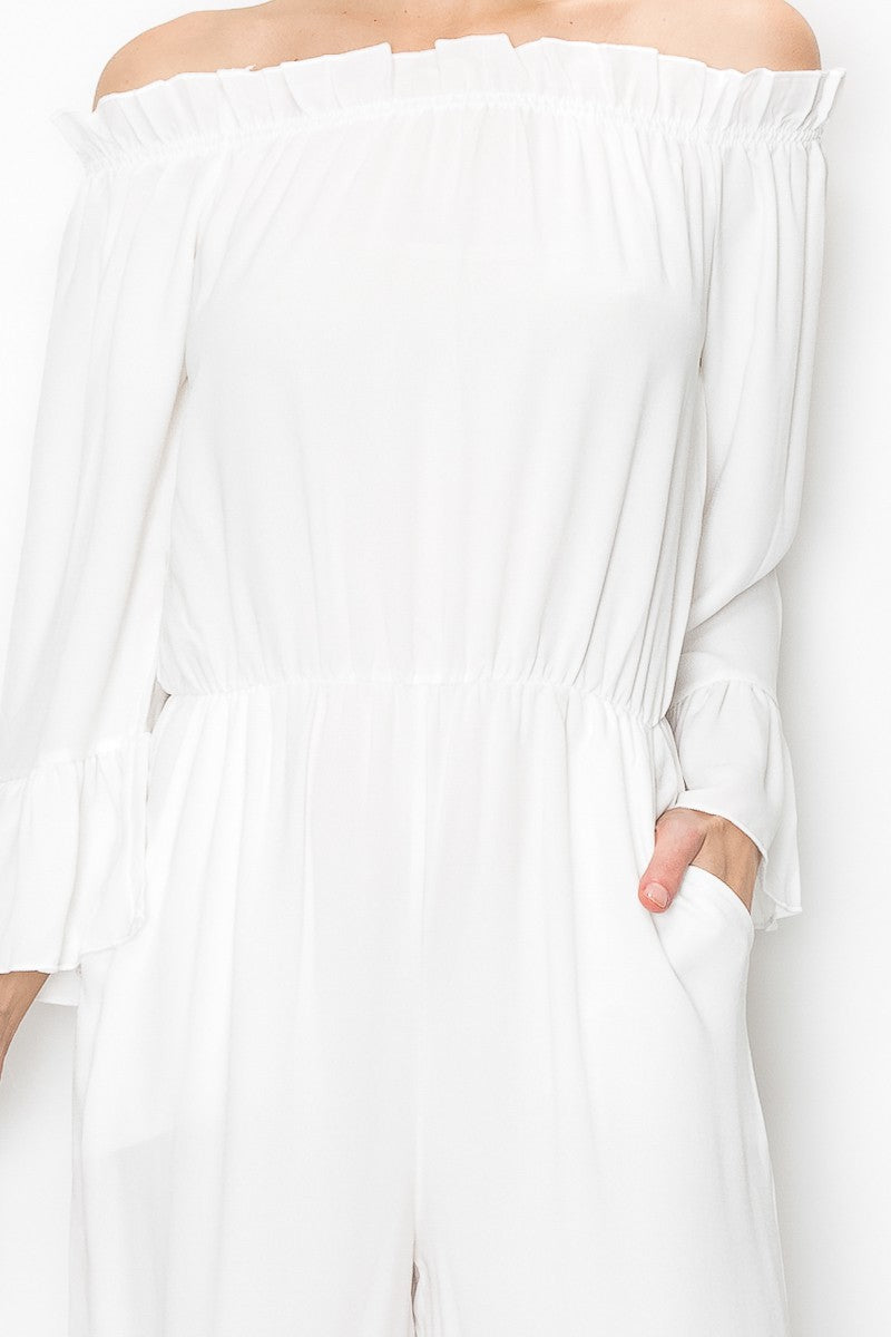 Serena Breeze: Off-Shoulder Ruffle Jumpsuit – White