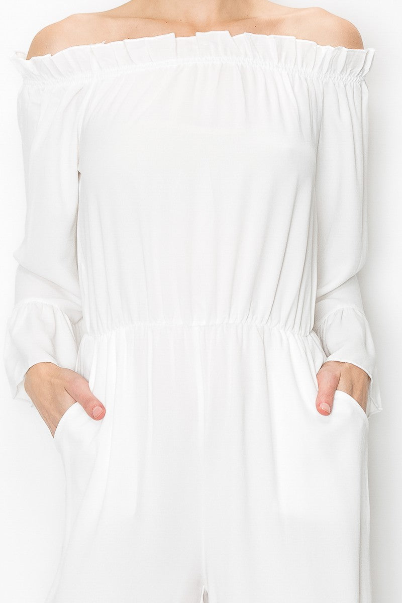 Serena Breeze: Off-Shoulder Ruffle Jumpsuit – White