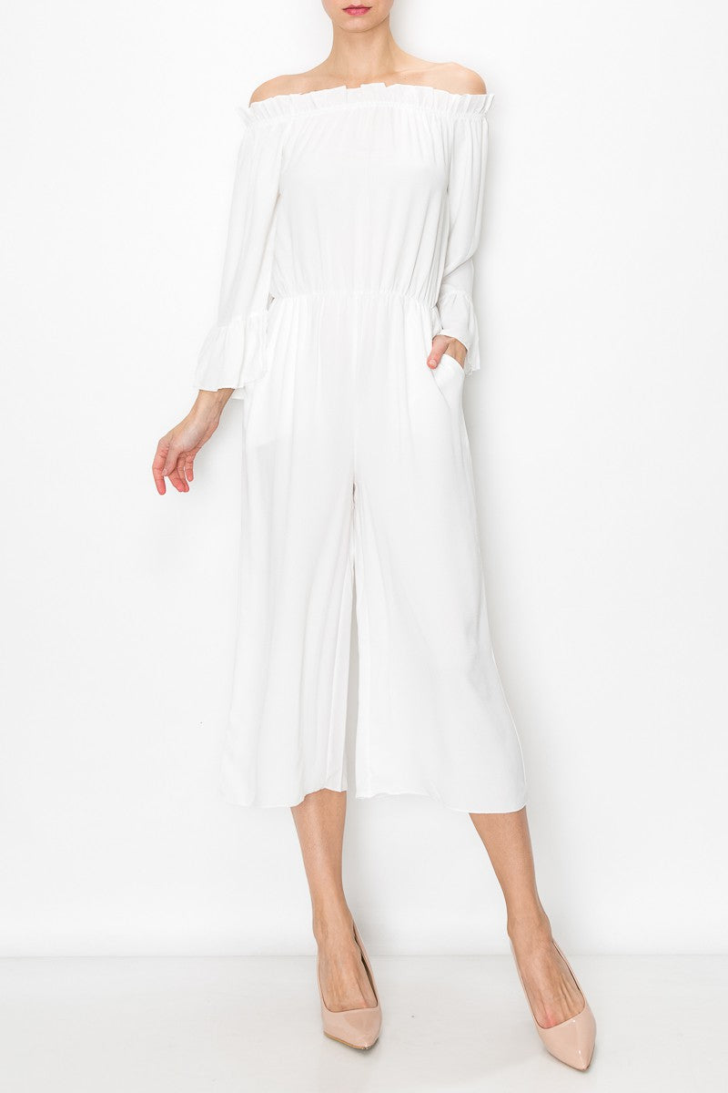 Serena Breeze: Off-Shoulder Ruffle Jumpsuit – White