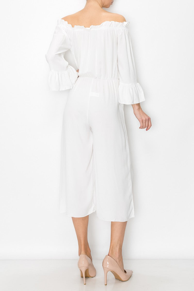 Serena Breeze: Off-Shoulder Ruffle Jumpsuit – White