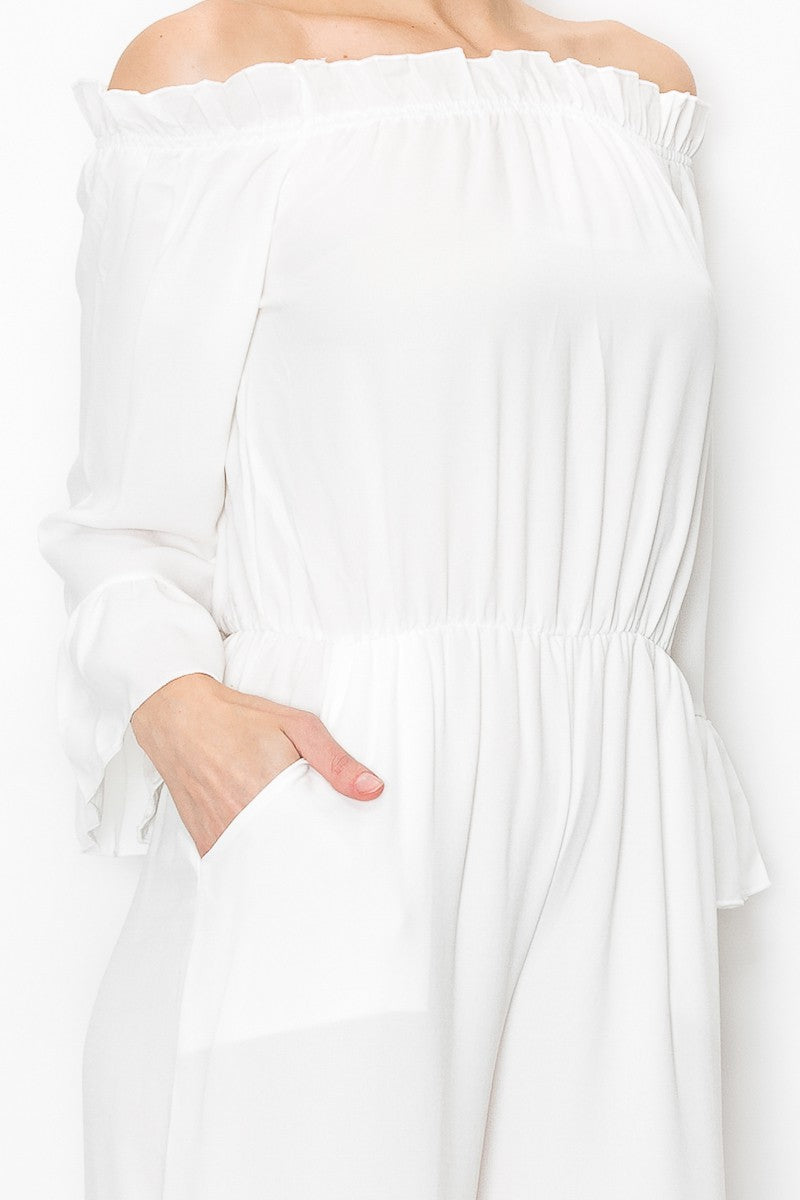 Serena Breeze: Off-Shoulder Ruffle Jumpsuit – White