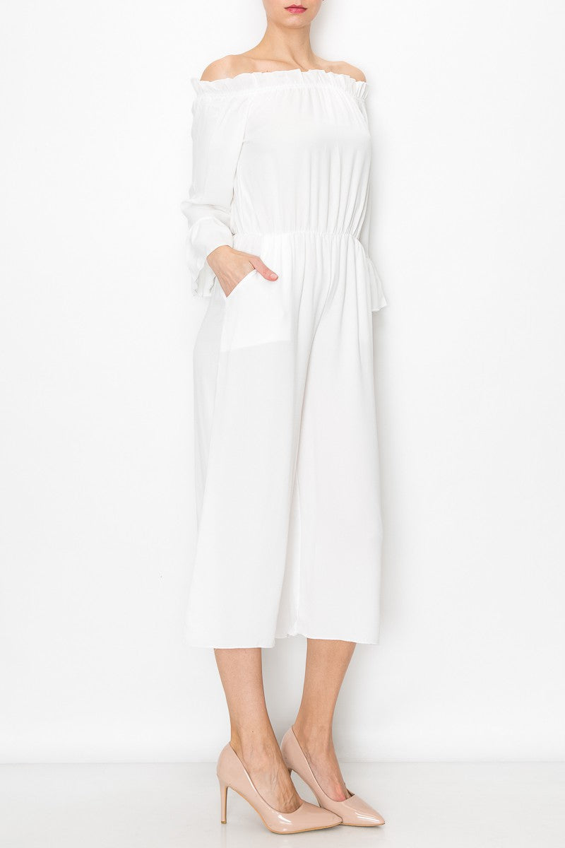 Serena Breeze: Off-Shoulder Ruffle Jumpsuit – White