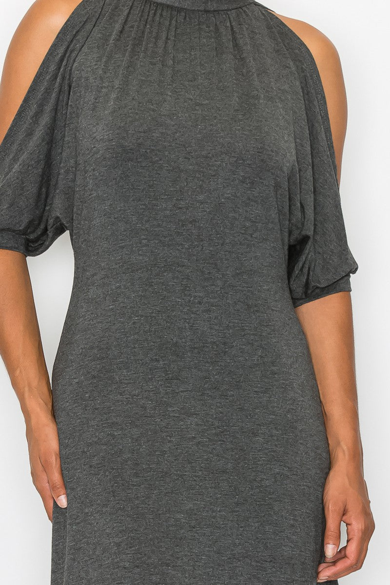 Grey Allure: Open Shoulder Tie-Back Midi Dress