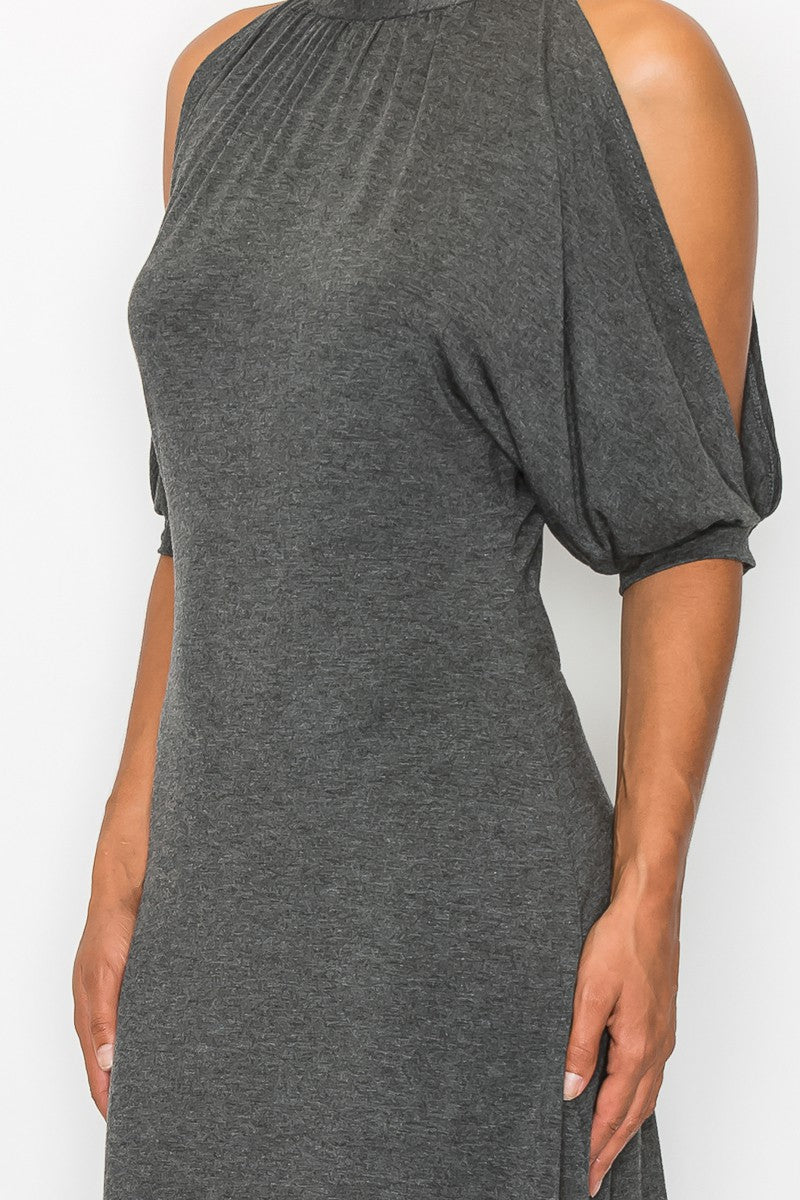 Grey Allure: Open Shoulder Tie-Back Midi Dress
