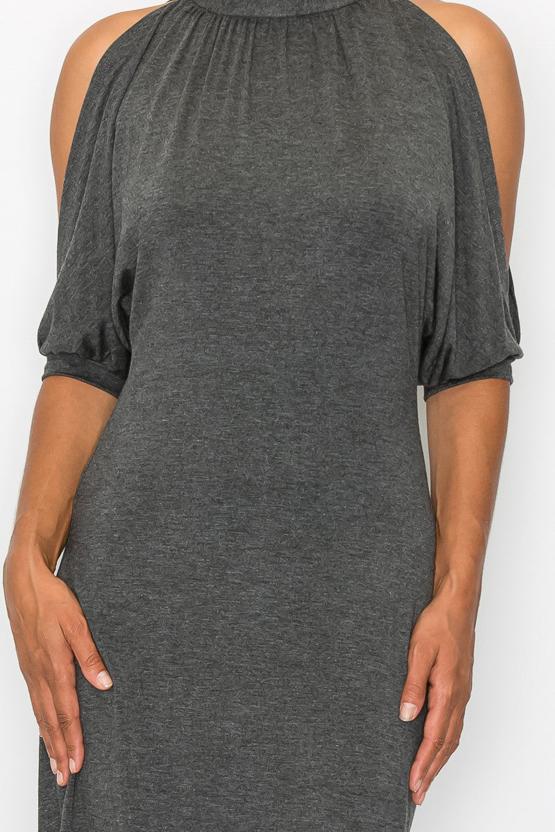 Grey Allure: Open Shoulder Tie-Back Midi Dress