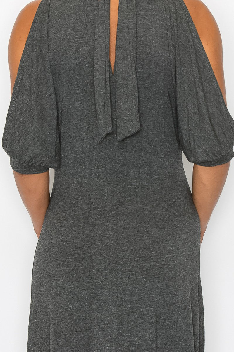 Grey Allure: Open Shoulder Tie-Back Midi Dress