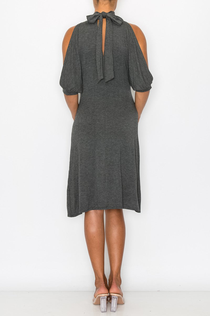 Grey Allure: Open Shoulder Tie-Back Midi Dress