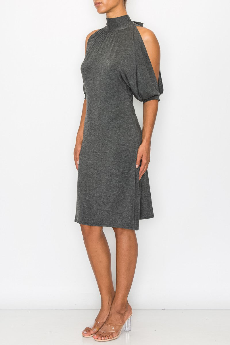 Grey Allure: Open Shoulder Tie-Back Midi Dress