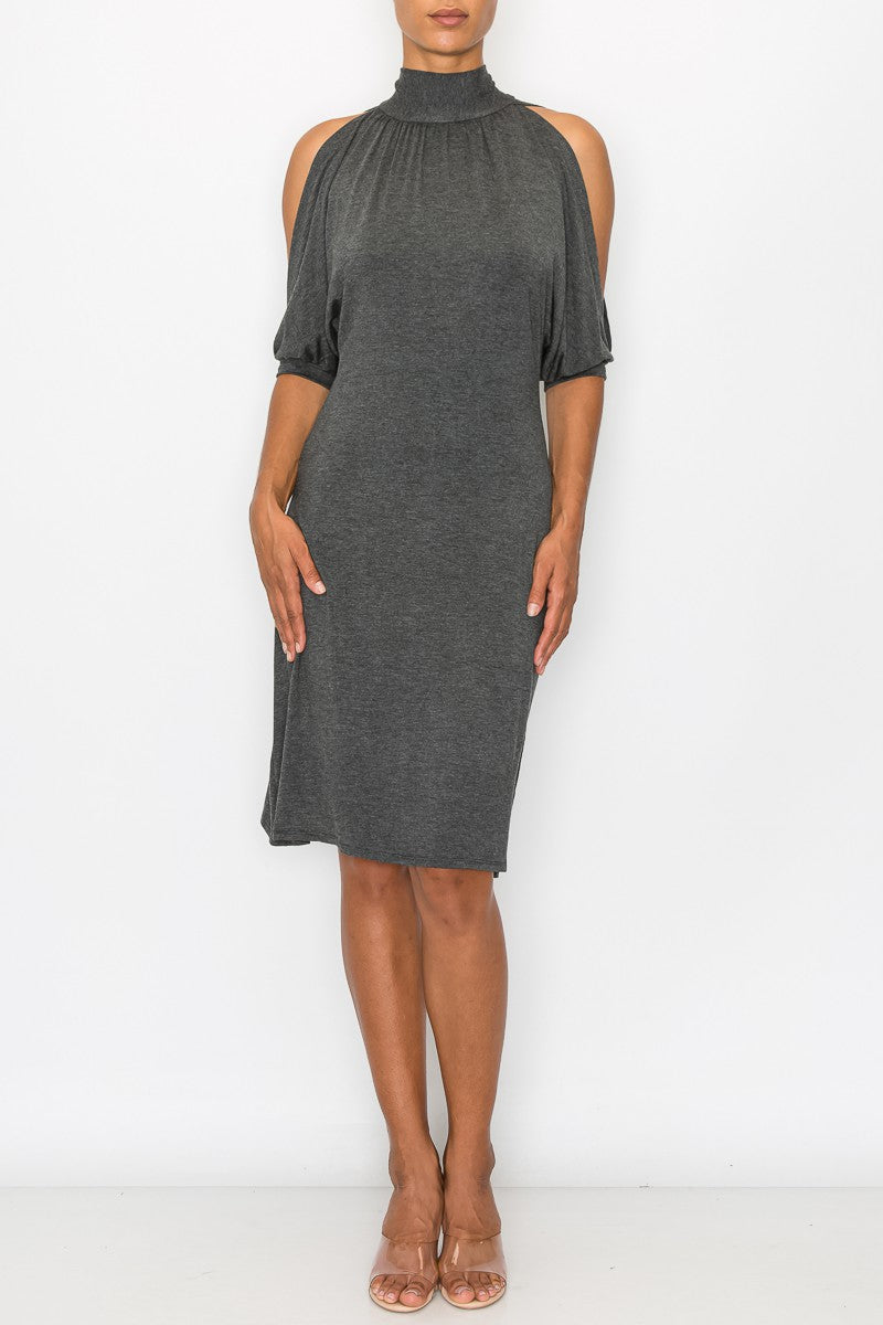 Grey Allure: Open Shoulder Tie-Back Midi Dress