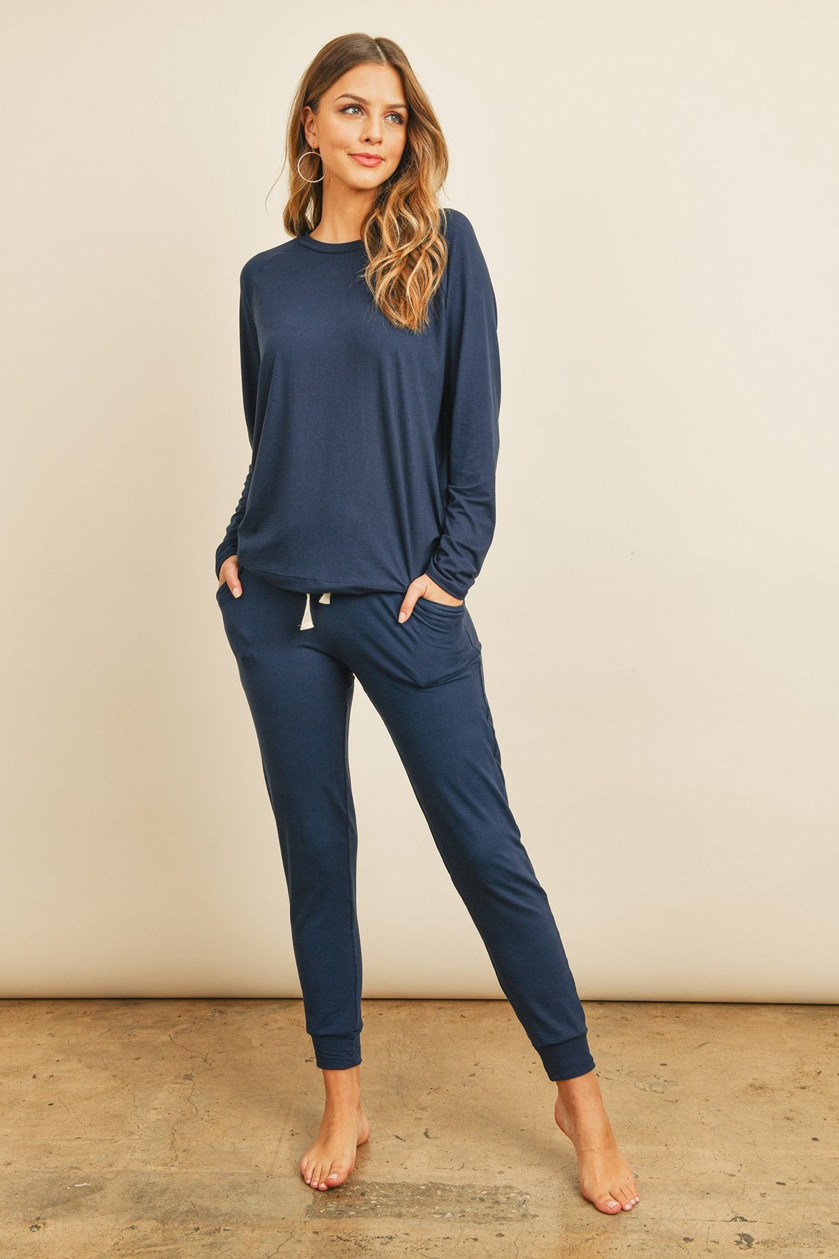 Cozy Solid Brushed Top and Jogger Set with Self-Tie