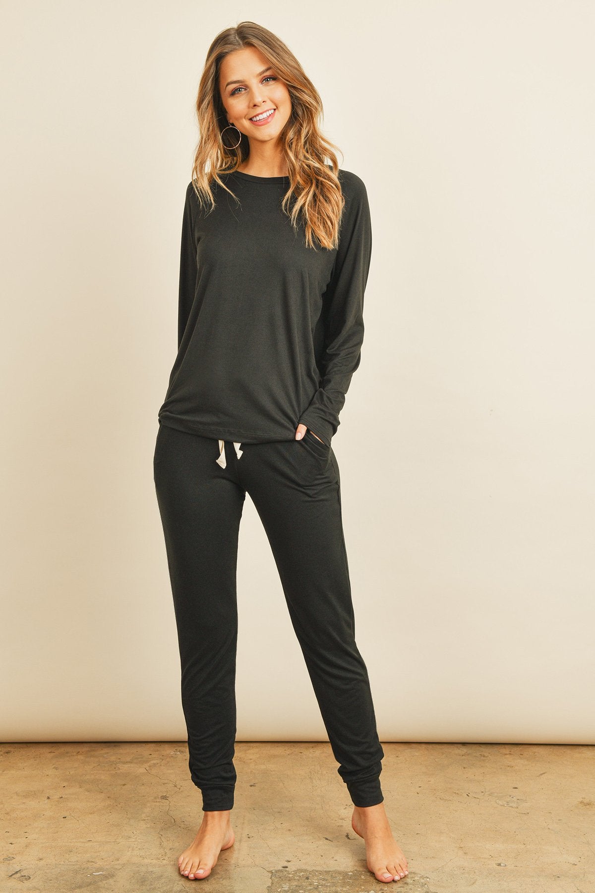 Cozy Solid Brushed Top and Jogger Set with Self-Tie