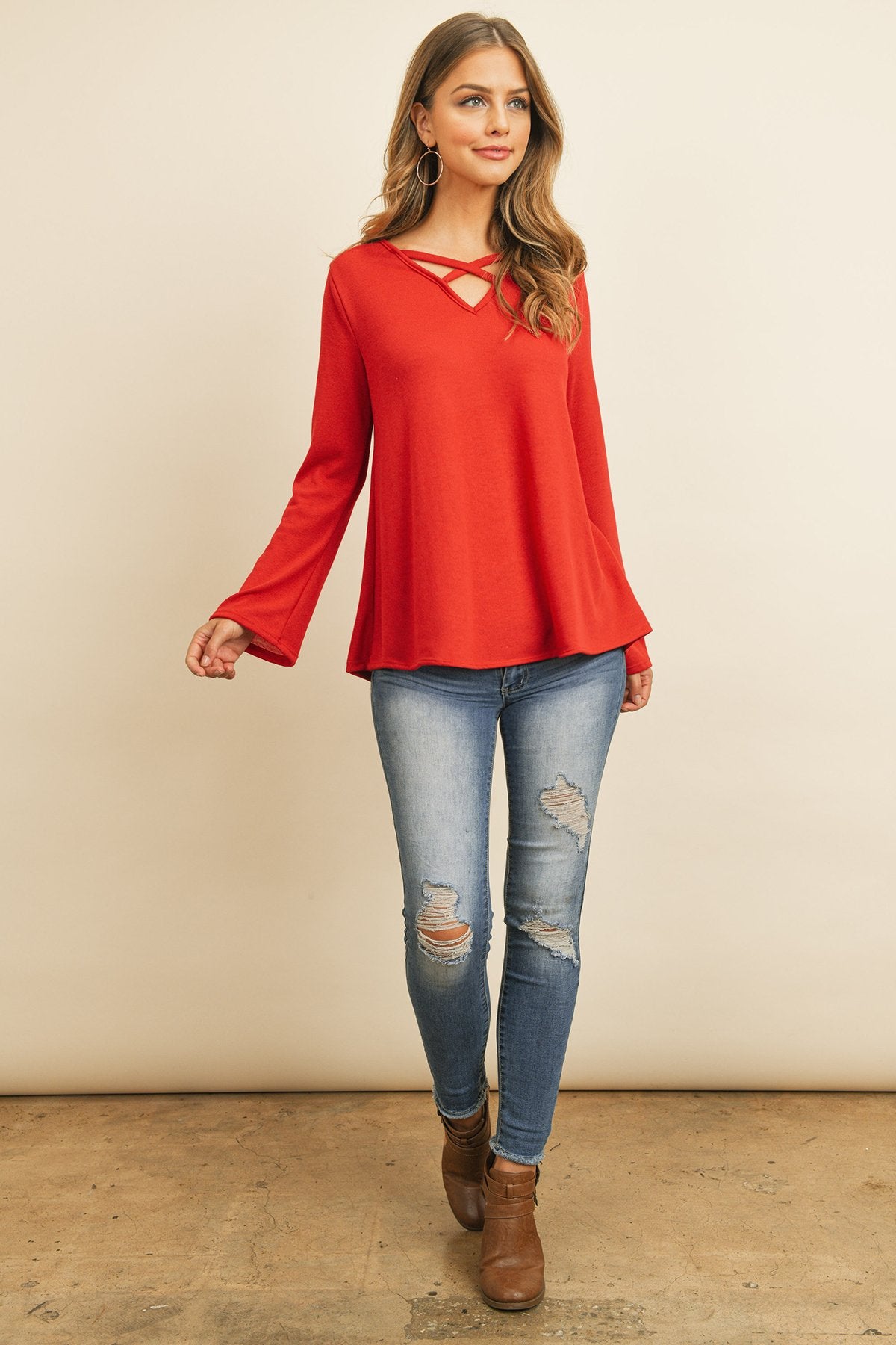 Criss-Cross Neck Long Sleeve Hacci Top – Chic & Versatile