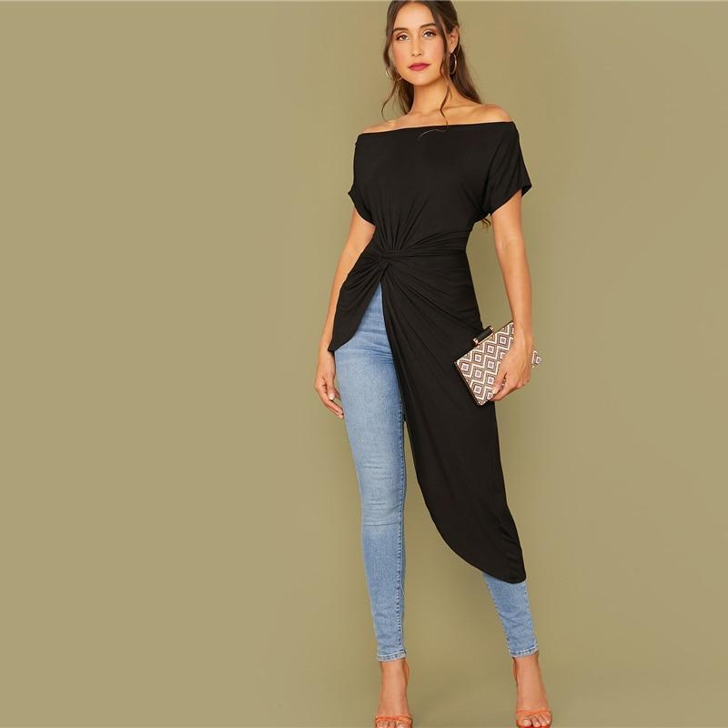 Black Off-Shoulder Twist Front Asymmetrical Hem Top – Effortlessly Chic