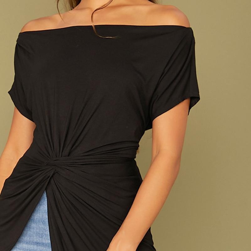 Black Off-Shoulder Twist Front Asymmetrical Hem Top – Effortlessly Chic