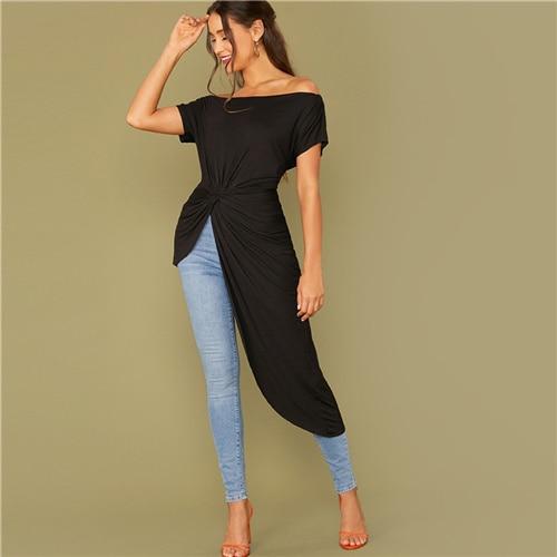 Black Off-Shoulder Twist Front Asymmetrical Hem Top – Effortlessly Chic
