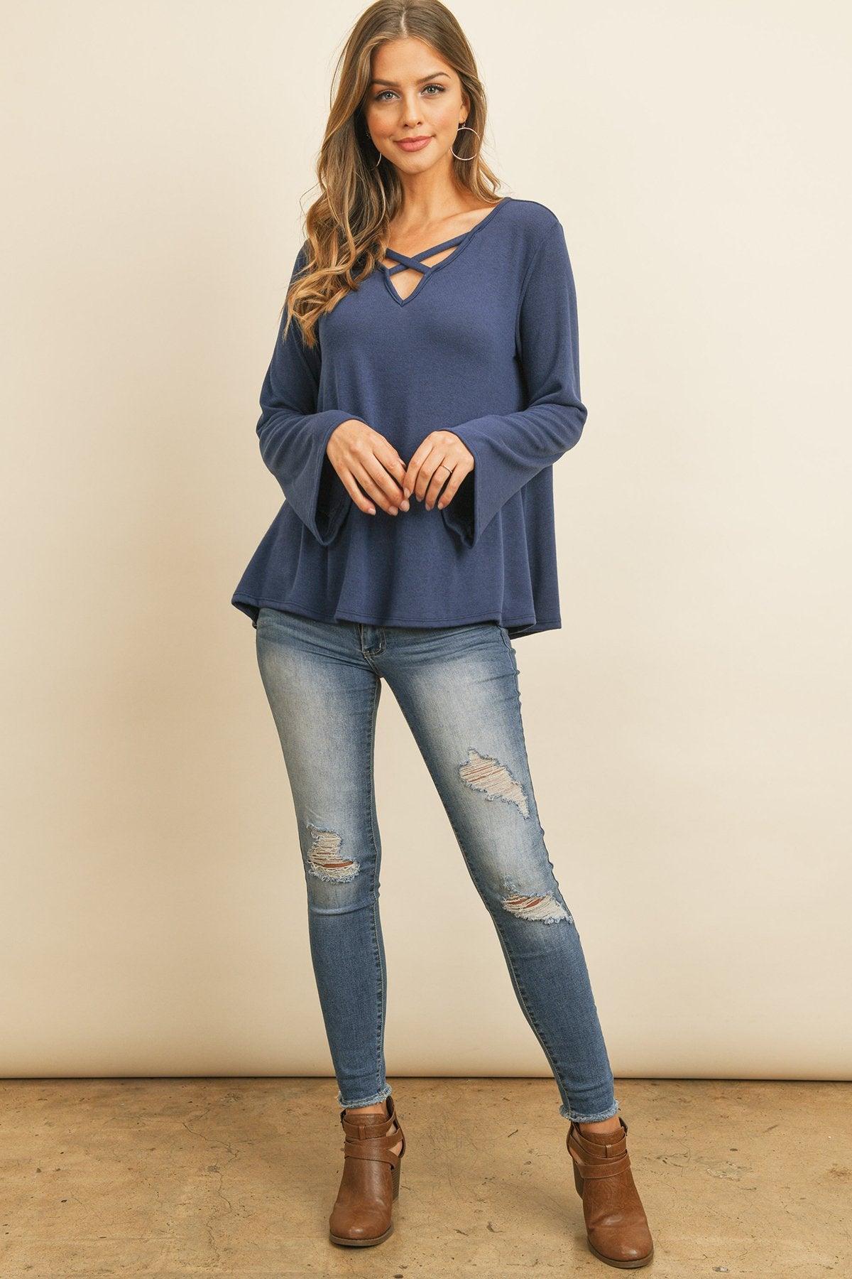 Criss-Cross Neck Long Sleeve Hacci Top – Chic & Versatile