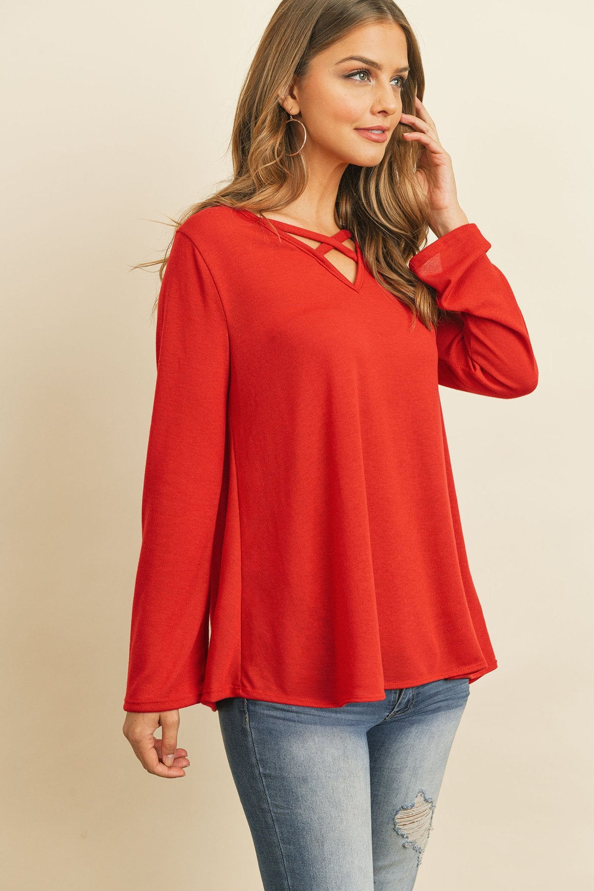 Criss-Cross Neck Long Sleeve Hacci Top – Chic & Versatile