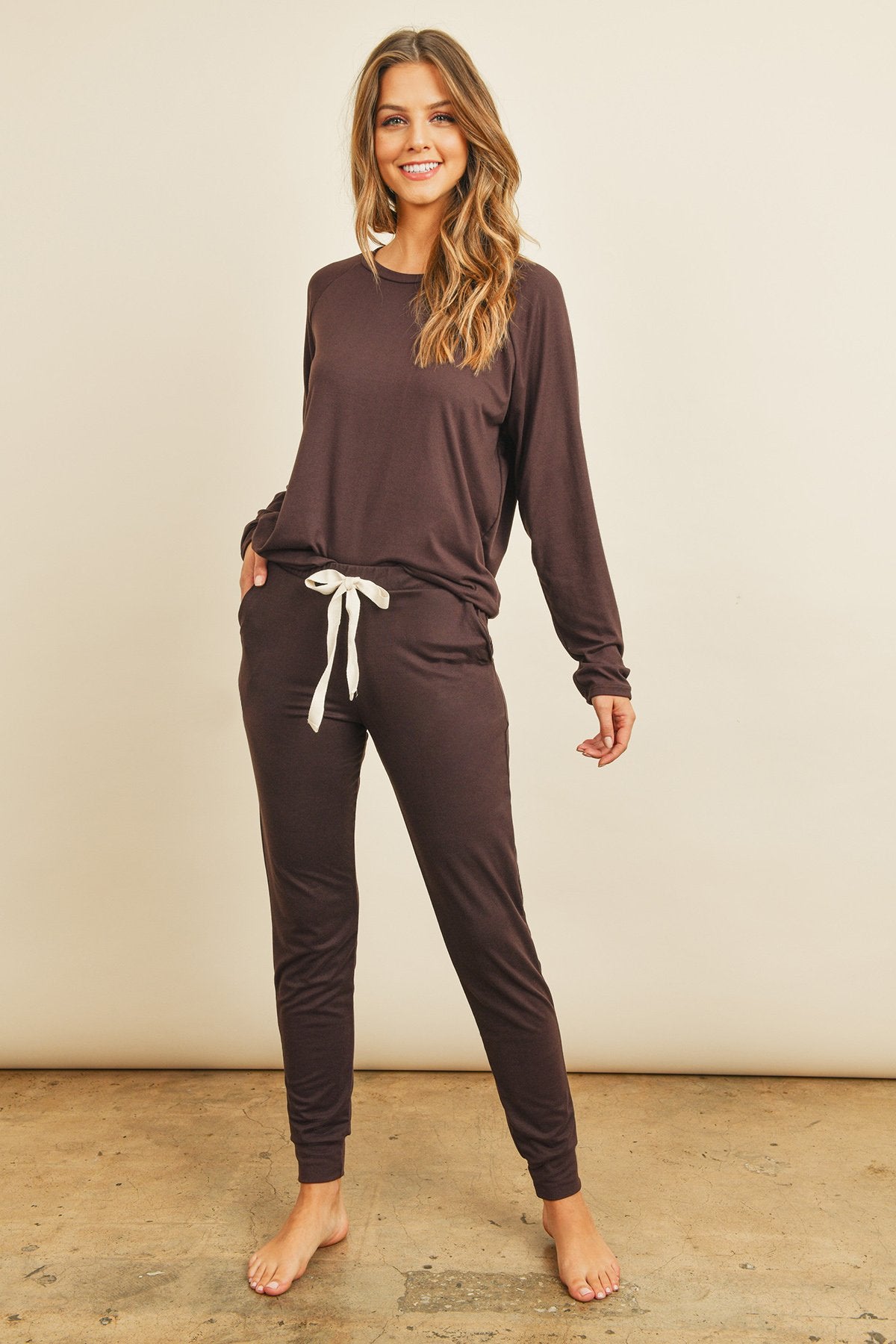 Cozy Solid Brushed Top and Jogger Set with Self-Tie