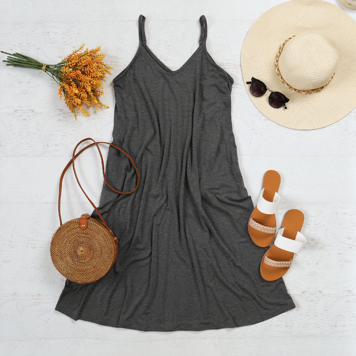 Sunlit Ease: V-Neck Cami Knee-Length Dress