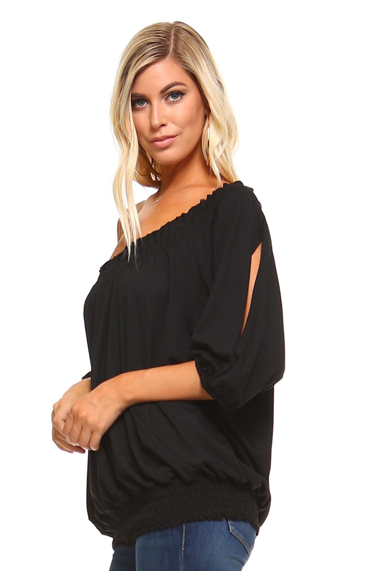 Willow Breeze: 3/4 Sleeve Peasant Top with Elastic Neckline