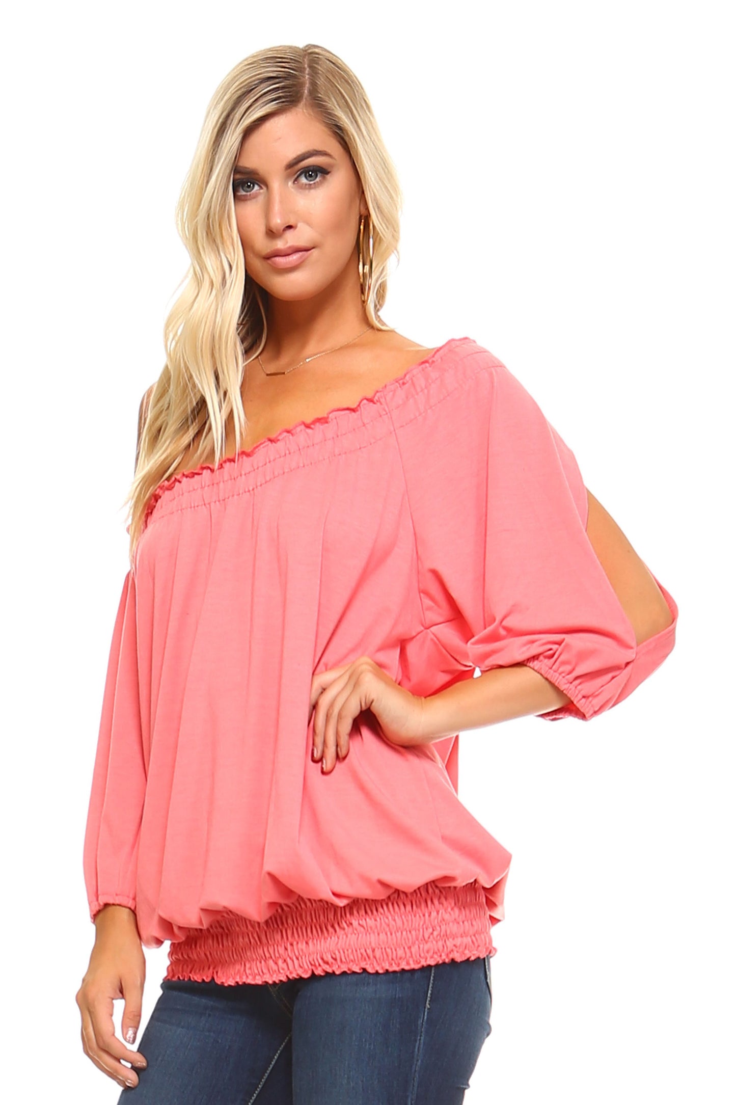 Willow Breeze: 3/4 Sleeve Peasant Top with Elastic Neckline