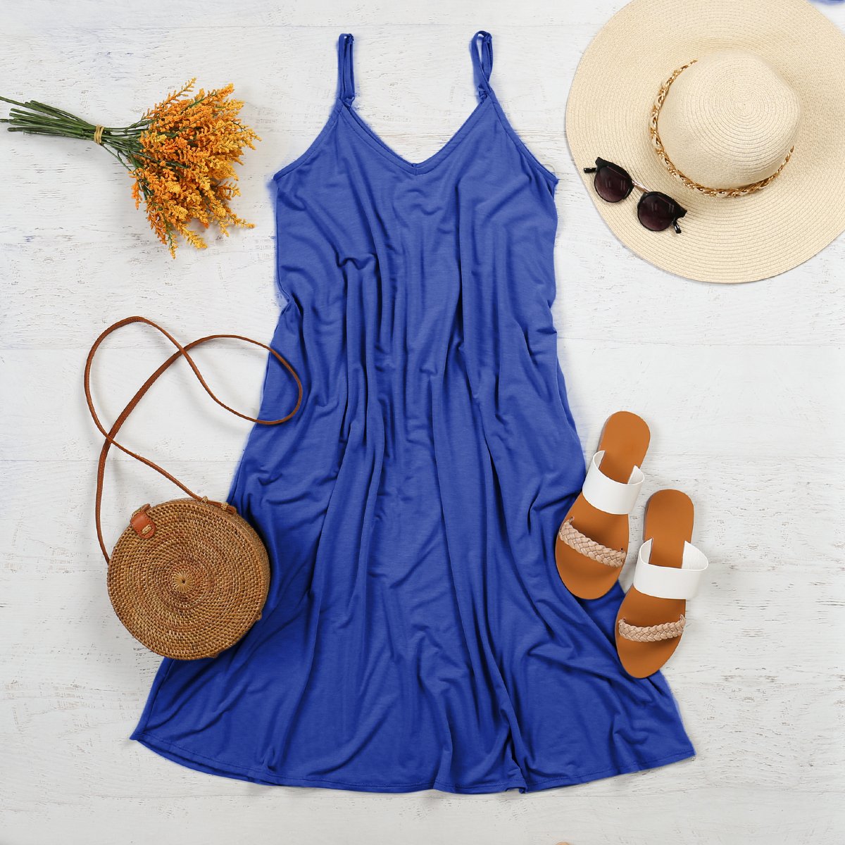 Sunlit Ease: V-Neck Cami Knee-Length Dress