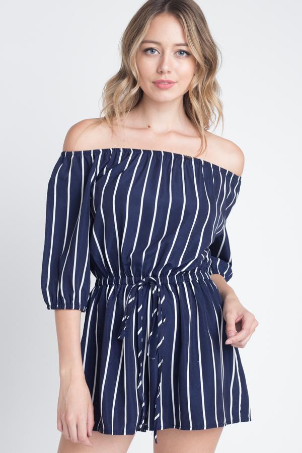 Coastal Chic: Off-Shoulder Striped Romper – Navy & White