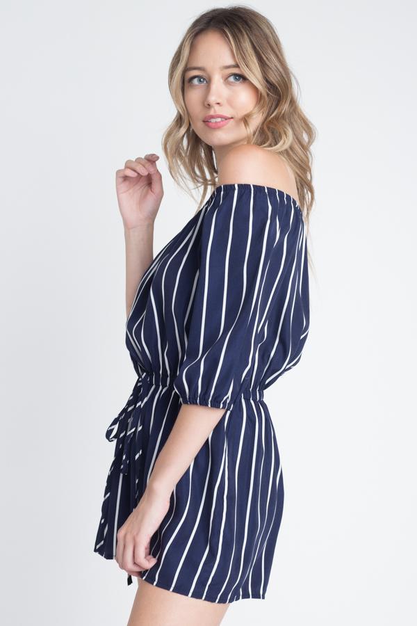 Coastal Chic: Off-Shoulder Striped Romper – Navy & White