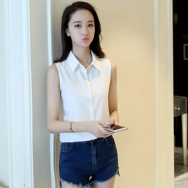 Fashion Women Turn Down Collar Blouse Sleeveless