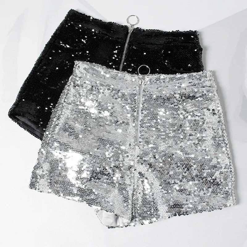 High Voltage: Sequin Zip-Up High Waist Shorts
