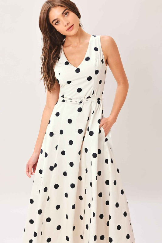 Pure Polka Belted Woven Midi Dress