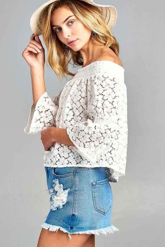 Luna Lace: Off-Shoulder 3/4 Sleeve Floral Top