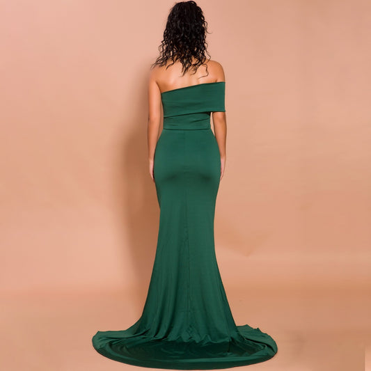 Green Off-Shoulder Split Evening Gown