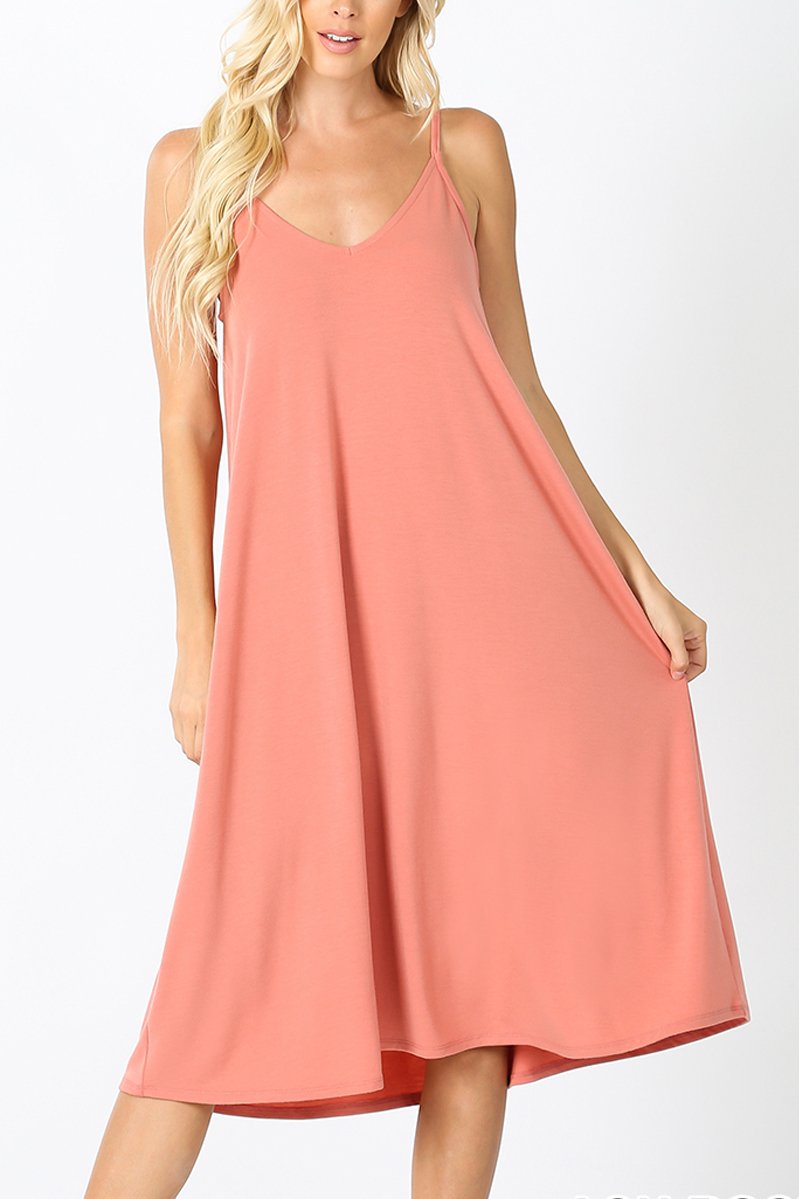 Sunlit Ease: V-Neck Cami Knee-Length Dress