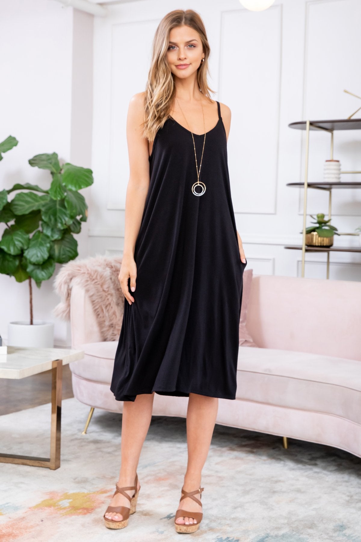 Sunlit Ease: V-Neck Cami Knee-Length Dress