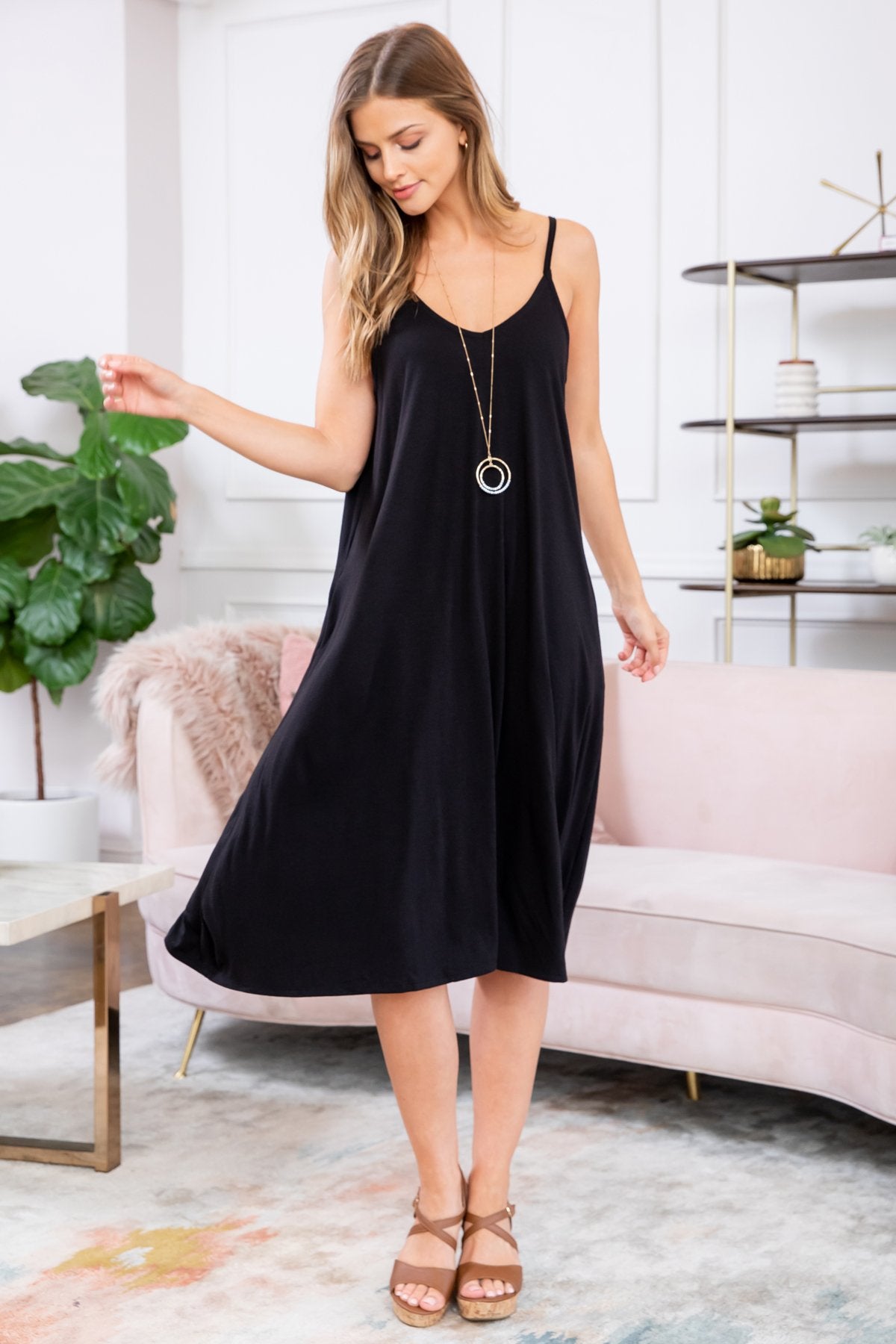 Sunlit Ease: V-Neck Cami Knee-Length Dress