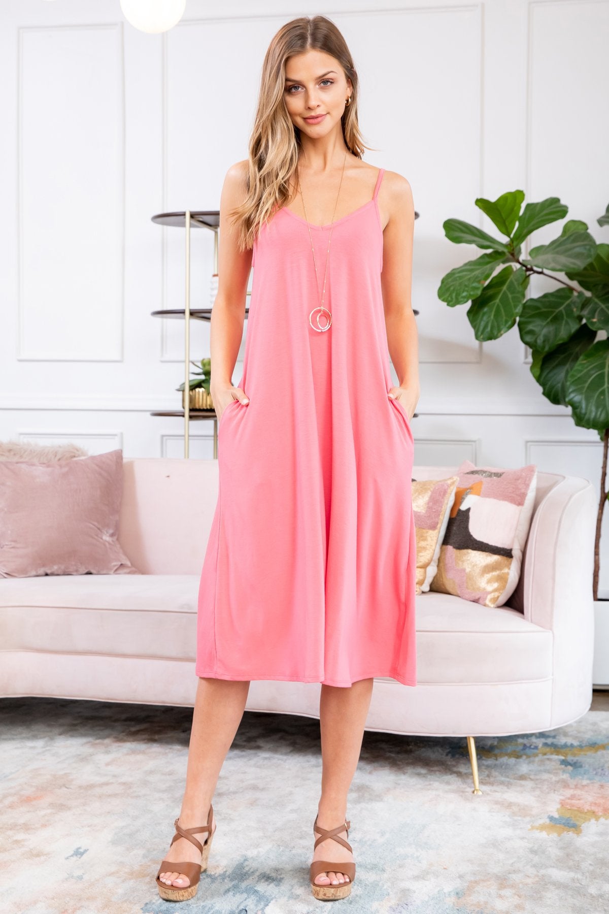 Sunlit Ease: V-Neck Cami Knee-Length Dress