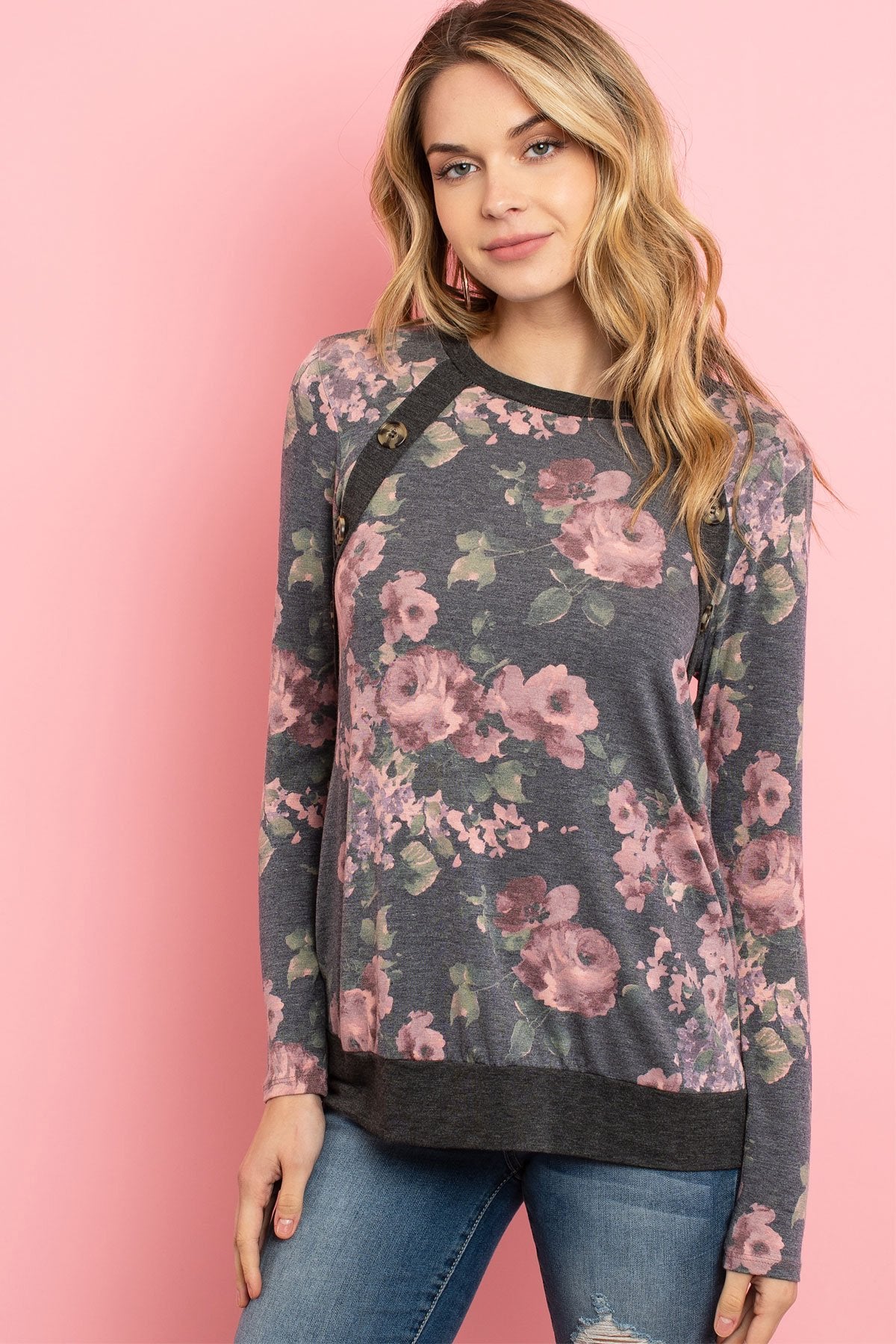 Flora Grace: Long Sleeve Floral Top with Button Detail