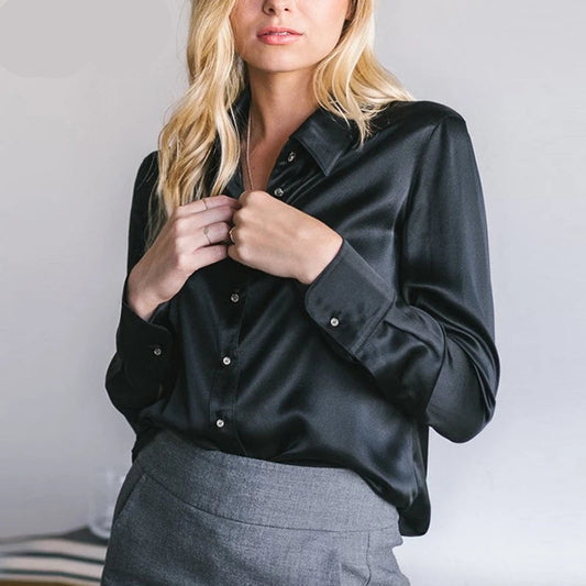 Elegant Long Sleeve Silk Satin Blouses Turn Down Collar