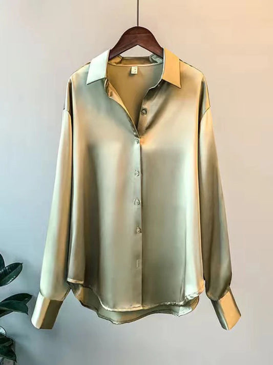 Silk-Finish Long-Sleeve Button-Up Office Blouse | Sophisticata™