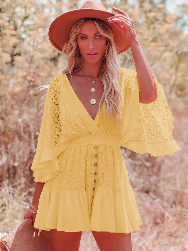 White Lace Tunic Sexy Deep v Neck Button Bikini Cover-Ups