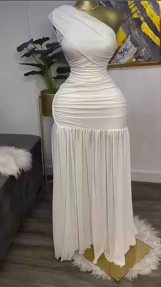Maxi Dress Elegant Skew Neck One Sleeve Off Shoulder Slit Long Dresses